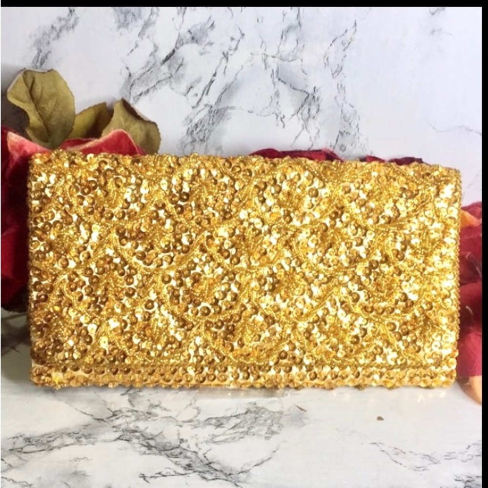 Vintage ADG Gold Beaded Sequin Satin Clutch Style Evening Bag